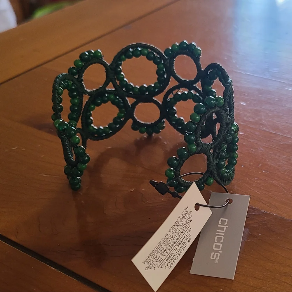 Chicos dark green beaded cuff bracelet. New with tags.